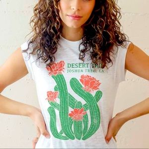 Free People White Crop Top with Green and Red Cactus Print